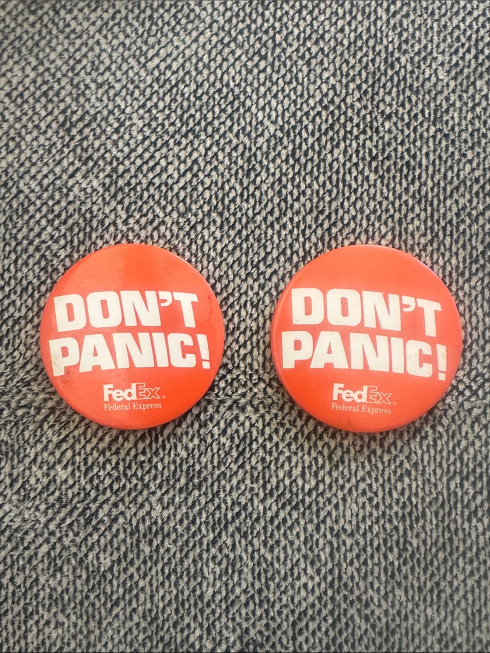 Vintage 1970’s Fed Ex  "DON'T PANIC!" Round Pin Buttons Set